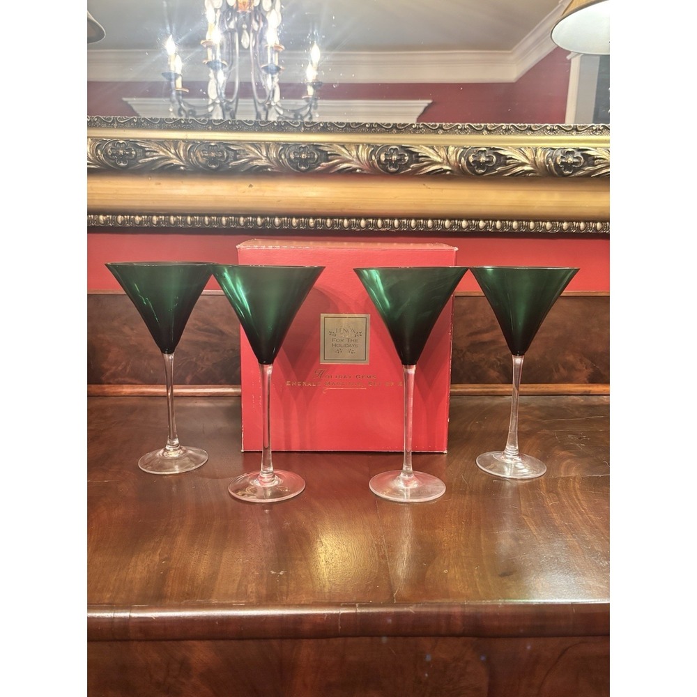 Lenox Holiday Gems Emerald Martini Glasses Set of 4 Green Stemware w/ Box